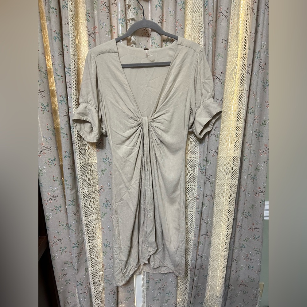 Free People Vintage Summer Neutral Tie Front Midi Dress Small Boho Linen EUC - Picture 3 of 10